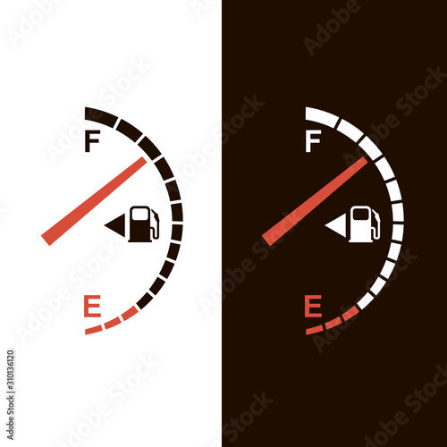 gasoline fuel gauge and pump nozzle icon isolated on black and white background