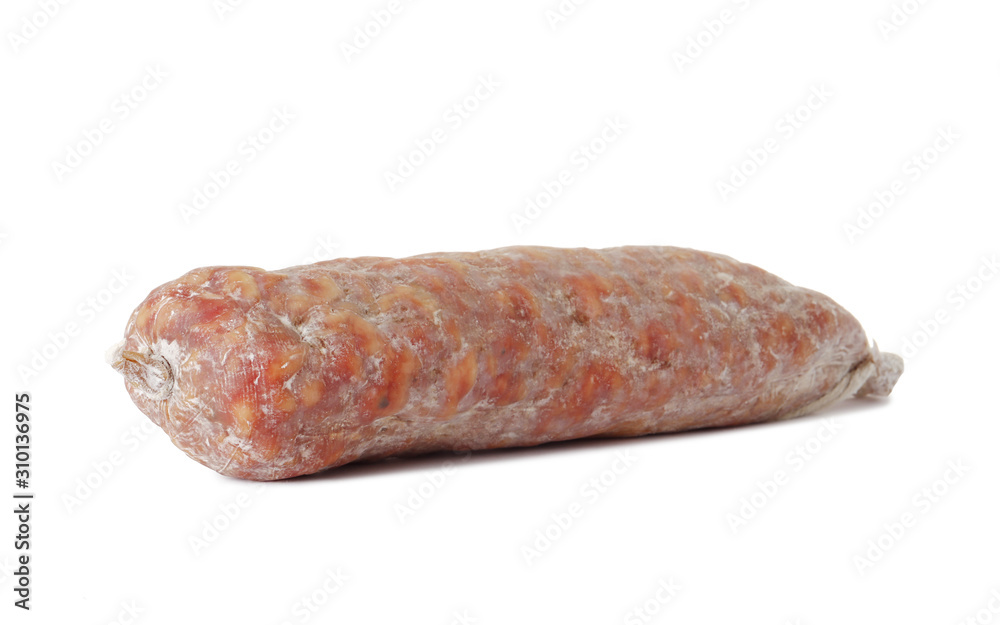 Italian sausage. Tasty dried sausage, close-up, isolated on white background. Italian sausage. Tasty dried sausage, close-up, isolated on white background.