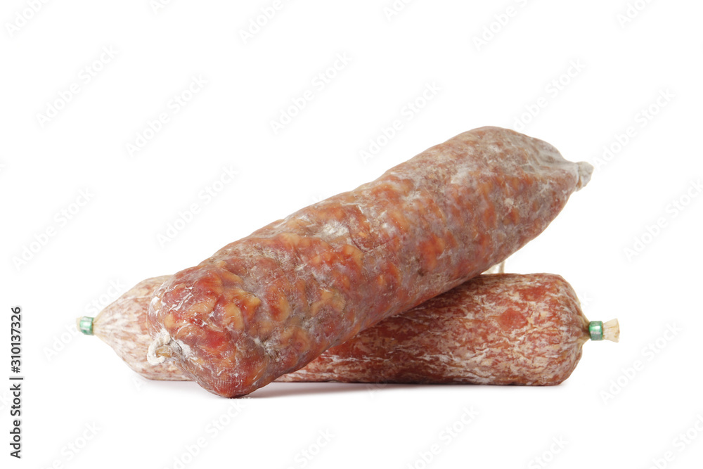 Two Italian sausage. Tasty dried sausage, close-up, isolated on white background. Two Italian sausage. Tasty dried sausage, close-up, isolated on white background.