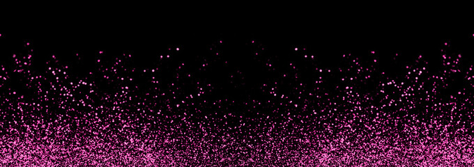 Abstract pink defocused glitter holiday panorama background on black. Falling shiny sparkles. New year Christmas glowing backdrop