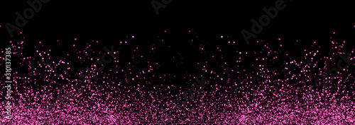 Abstract pink defocused glitter holiday panorama background on black. Falling shiny sparkles. New year Christmas glowing backdrop