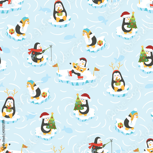 Christmas Penguins on Water Vector Seamless Pattern