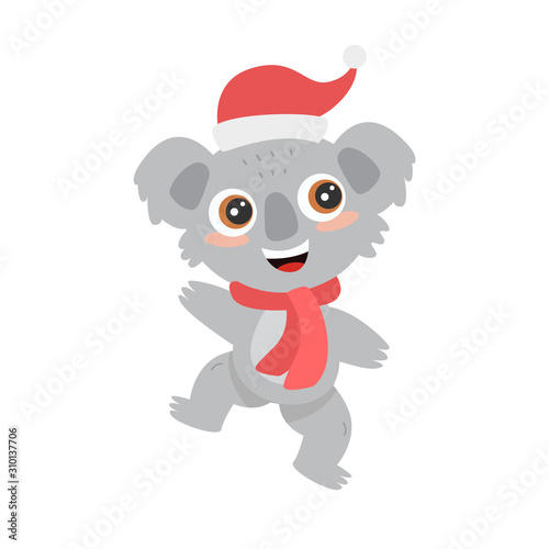 Cute Australian koala wombat with big eyes in a Santa hat smiles and dances. New Year flat vector cartoon illustration