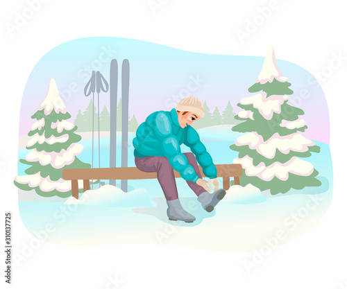 Ski rental. Man putting on ski boots. Vector illustration concept