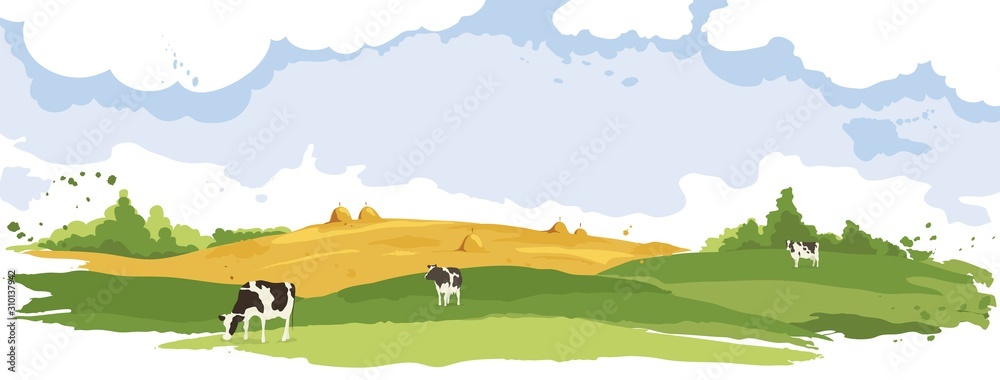 Abstract rural landscape with cows. Watercolor illustration, wheat fields and meadows	