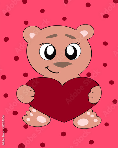 Vector illustration of a cute bear with big eyes and a heart in his hands. Postcards for Valentine s day. Application in attributes for Valentine s day  children s printed materials  merchandising.