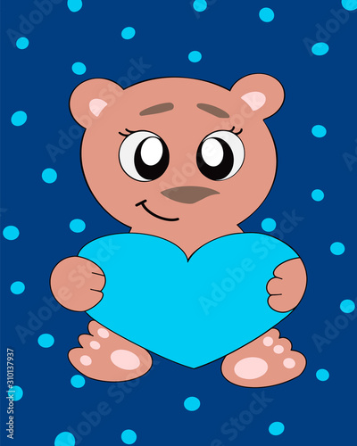 Vector illustration of a cute bear with big eyes and a heart in his hands. Postcards for Valentine's day. Application in attributes for Valentine's day, children's printed materials, merchandising.