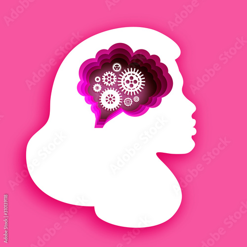 Thinking woman in paper cut style. Origami Lady Brainstorming. Brain, gears and cogs working together. Origami brain and thinking process, good idea, brain activity, insight. Pink background.