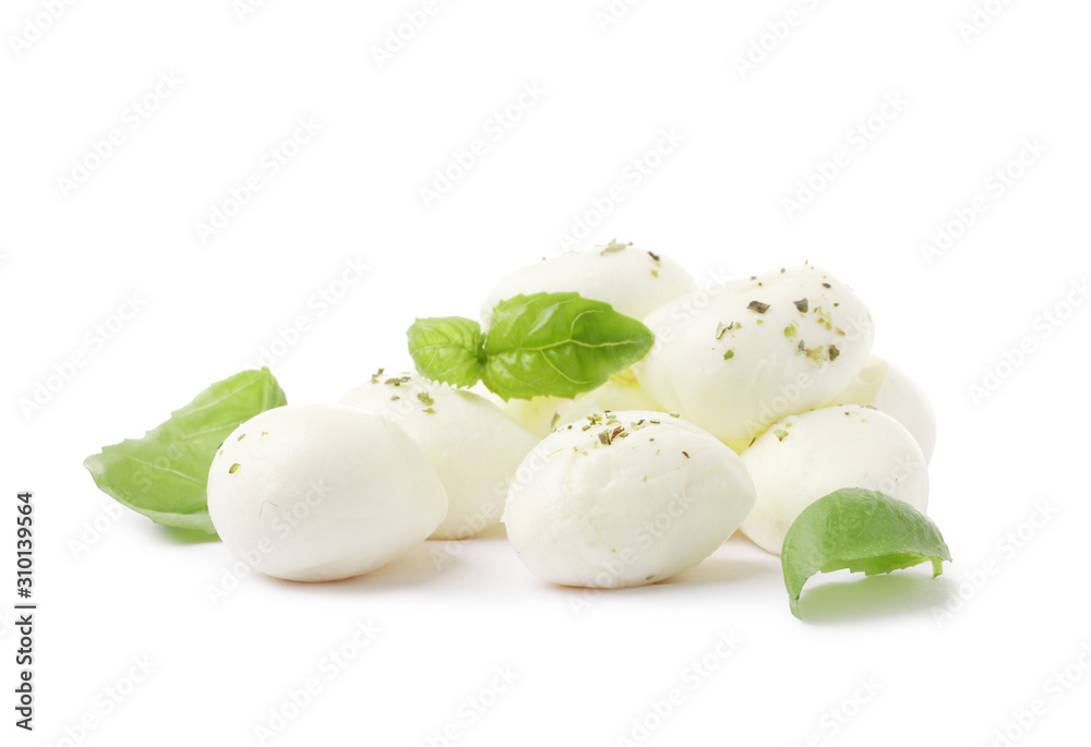 Mozzarella with spices and basil isolated on white background. Top view Mozzarella with spices and basil isolated on white background. Top view
