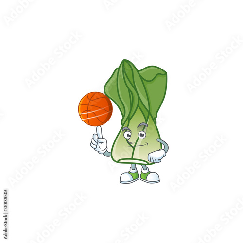 Happy face bok choy cartoon character playing basketball