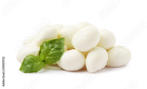 Mozzarella with basil isolated on white background. Top view