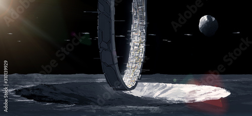 The human ring stronghold on the outer planet, science fiction illustration.