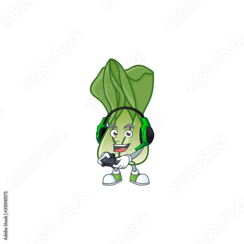 mascot icon of bok choy with headphone and controller