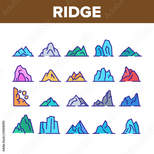 Ridge Different Form Collection Icons Set Vector Thin Line. Ridge Peak Climbs For Extreme Sport, Adventure And Expedition Concept Linear Pictograms. Color Contour Illustrations