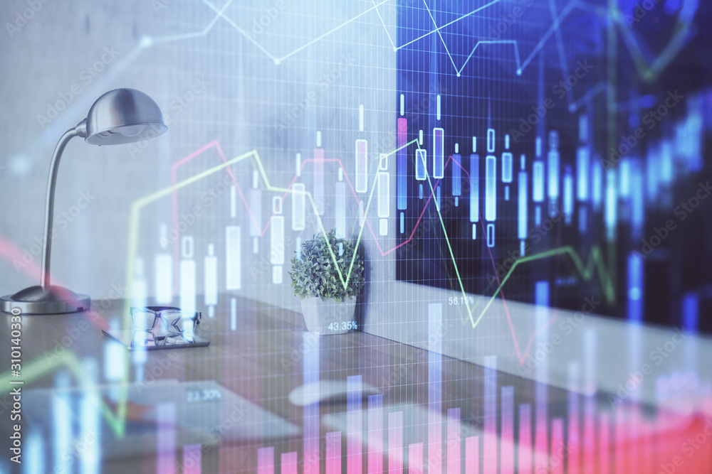 Forex Chart hologram on table with computer background. Double exposure. Concept of financial markets.