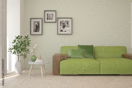 Stylish room in green color with sofa. Scandinavian interior design. 3D illustration