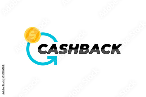 Cash back service sticker symbol template. Money refund cashback label. Blue rotating arrow and gold coin emblem vector illustration