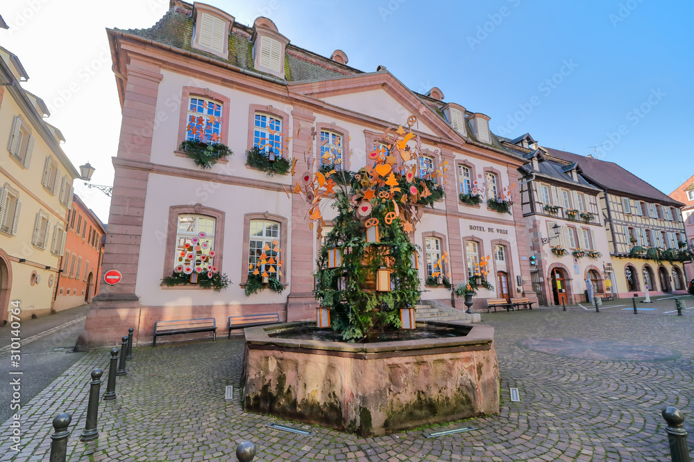 View of Ribeauville with beautiful christmas decoration displayed during christmas markets in this charming little town , Alsace region, France, Europe