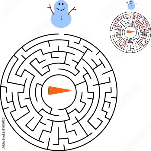 Winter educational maze game for kids. Help the penguin find the right way to the snowman. Christmas and New Year labyrinth. Flat design illustration.