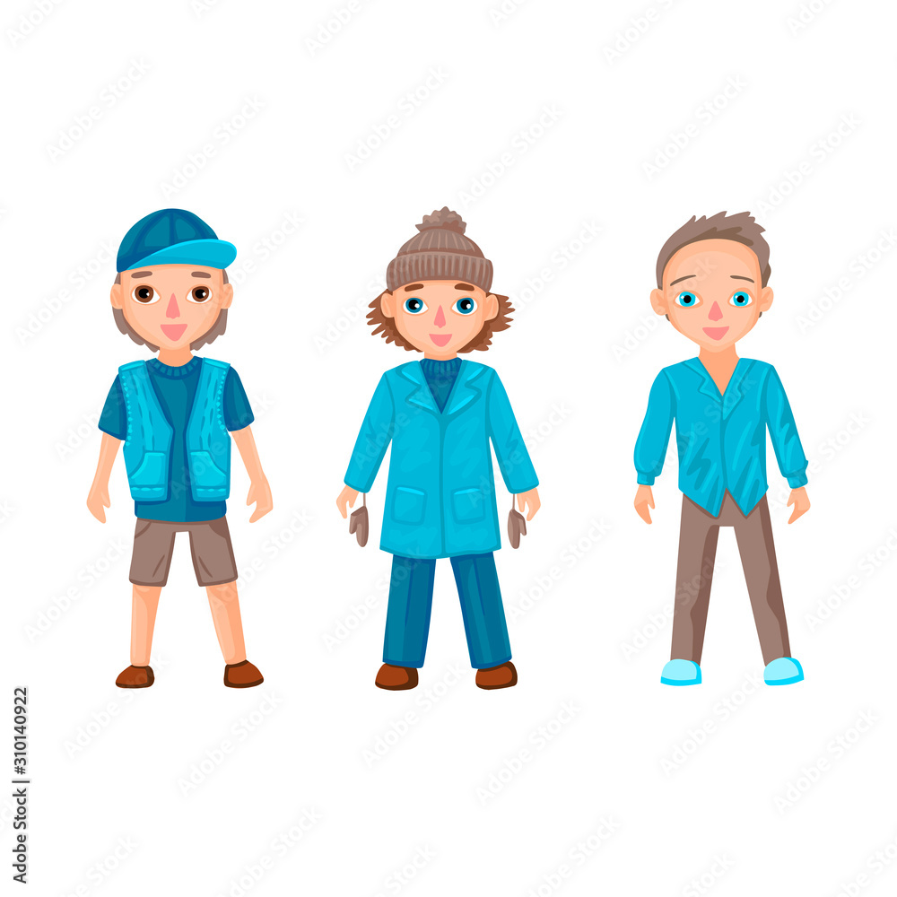 The guys in blue denim clothes. Vector illustration of characters on a white background. The guys in blue denim clothes. Vector illustration of characters on a white background.