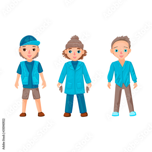 The guys in blue denim clothes. Vector illustration of characters on a white background.