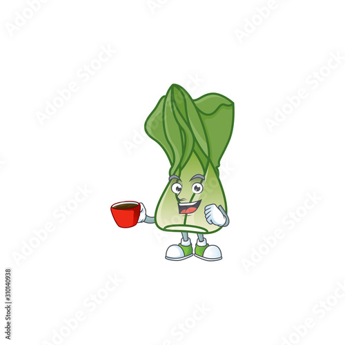 Picture of bok choy character with a cup of coffee