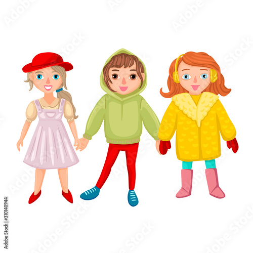 Girls in different dress. Cute drawn characters. Vector illustration