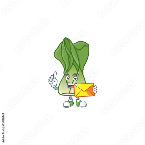 Cheerful bok choy mascot cartoon with envelope