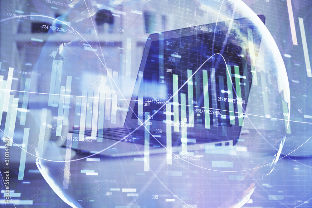 Multi exposure of business theme icons and work space with computer background. Concept of success. Multi exposure of business theme icons and work space with computer background. Concept of success.