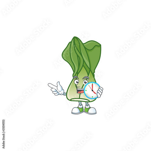 Happy bok choy cartoon mascot style with clock