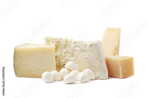 set of mozzarella, parmesan, gorgonzola cheeses isolated on a white background.