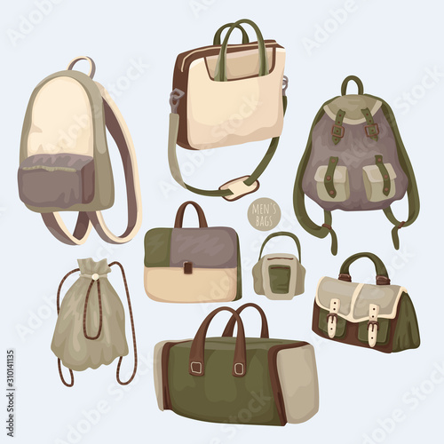 Set of muzhchky bags of color khaki for shop. Vector Illustration