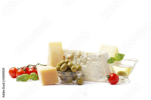 set of mozzarella, parmesan, gorgonzola cheeses isolated on a white background.