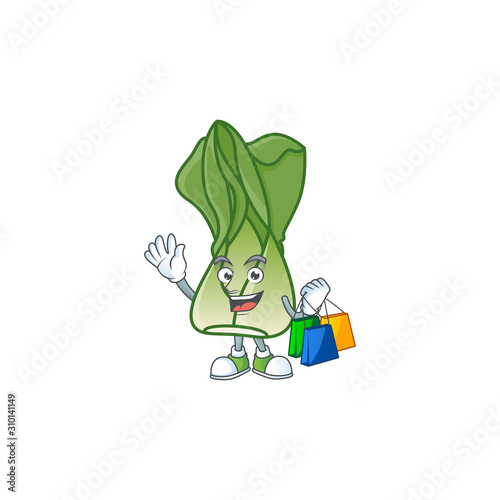 Cheerful bok choy mascot waving and holding Shopping bags