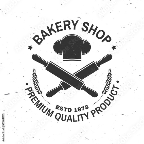 Bakery shop. Vector. Concept for badge, shirt, label, stamp or tee. Typography design with chef hat, text, rolling pin silhouette. Template for restaurant identity objects, packaging and menu