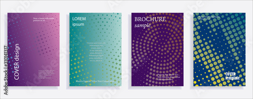 Minimalistic cover design templates. Set of layouts for covers of books, albums, notebooks, reports, magazines. Star halftone gradient effect, flat modern abstract design. Geometric mock-up texture