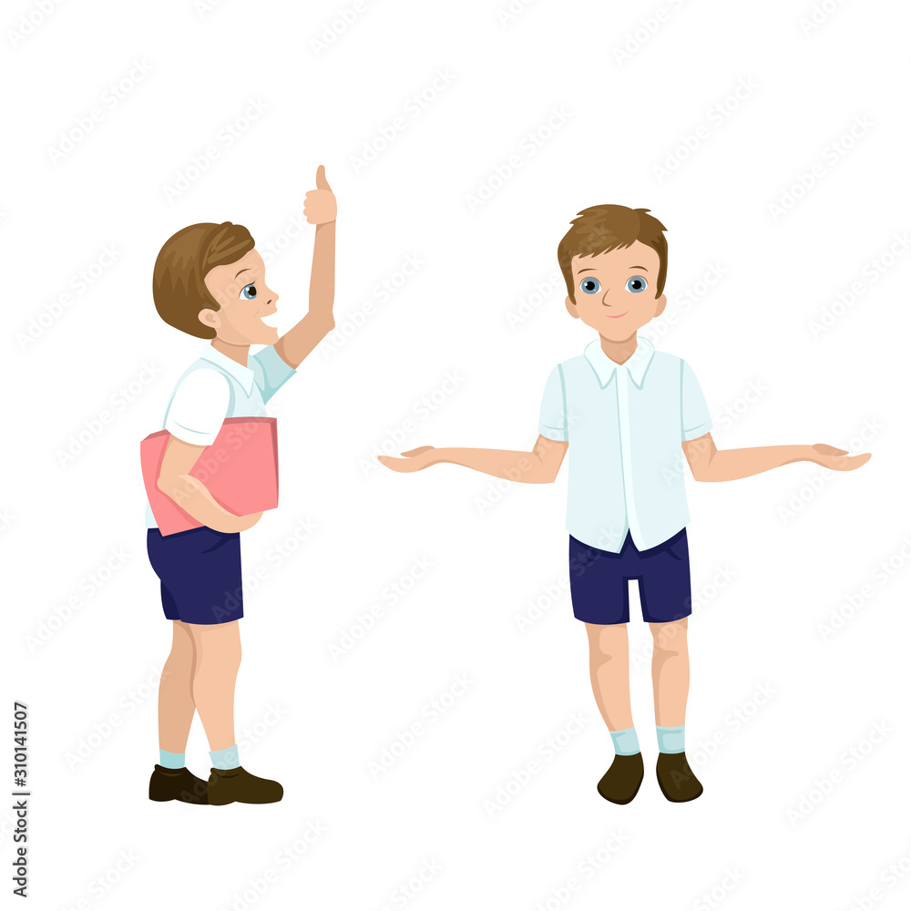 Two poses of schoolboy. Student holding a book and showing thumbs up. Character design