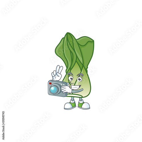 Smart Photographer bok choy cartoon mascot with a camera