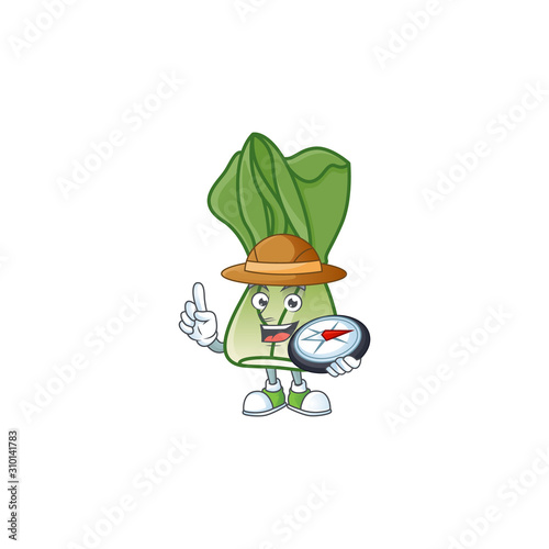 Cool Explorer bok choy cartoon character with a compass