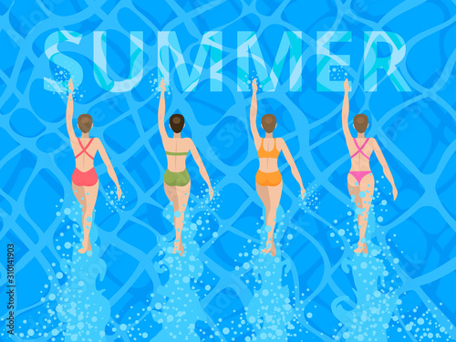 Swimmers in the sea. Girls in swimsuits swim in the pool or the sea. Vector illustration