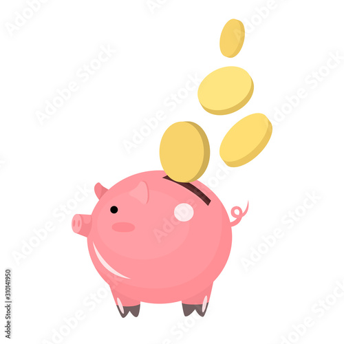 Flat icon piggy bank with coins isolated on white background. Vector illustration.