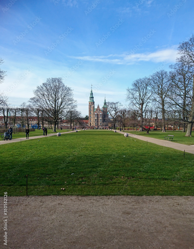 Park and a church in the background in a park in Copenhagen