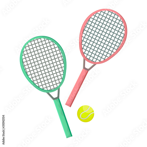 Two tennis rackets and a yellow tennis ball. Vector Isolated Objects