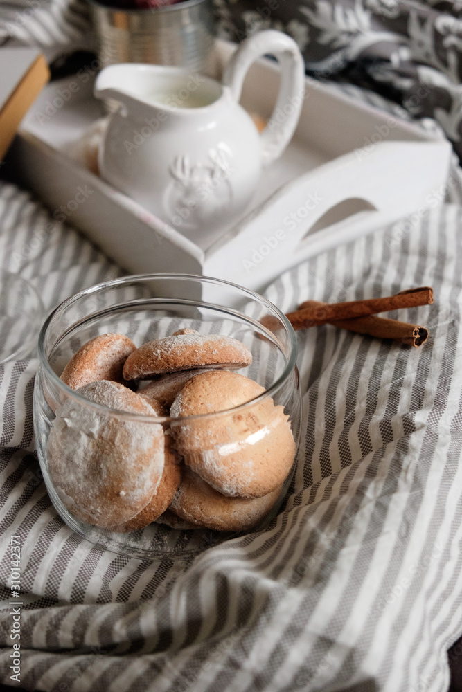 flat lay in scandinavian style. Coffee and breakfast in bed. flat lay in scandinavian style. Coffee and breakfast in bed.