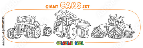 Funny heavy cars with eyes. Coloring book set