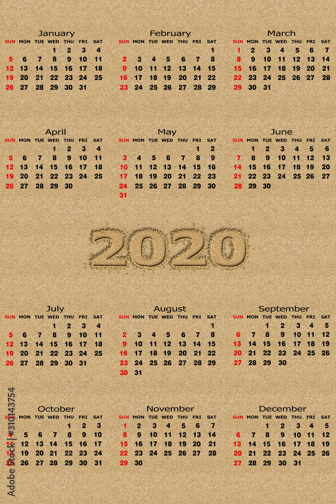 Calendar 2020 template on the sand background. Week starts on Sunday.