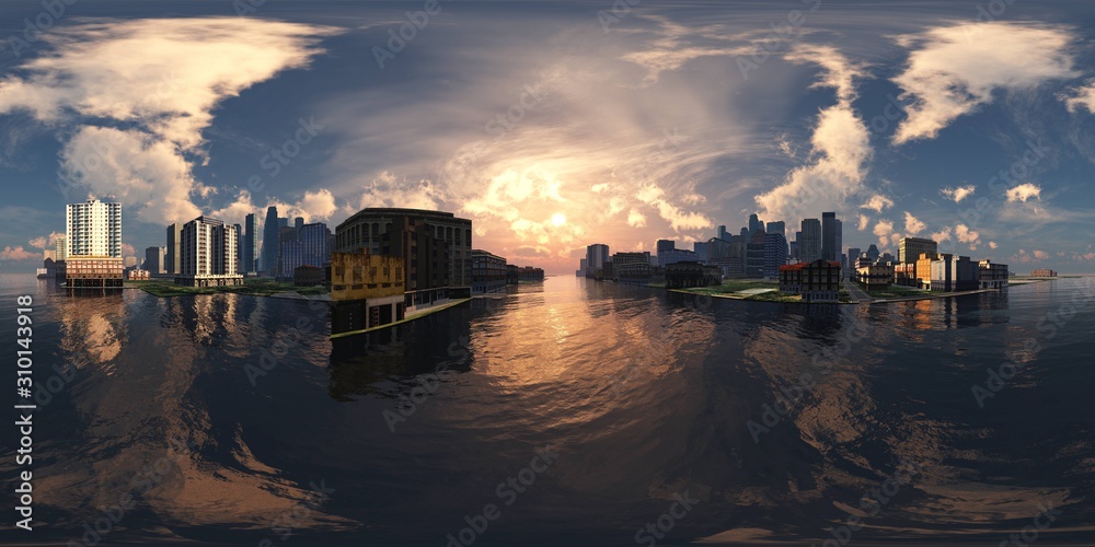 HDRI, environment map, Round panorama, spherical panorama, equidistant projection, city above water
