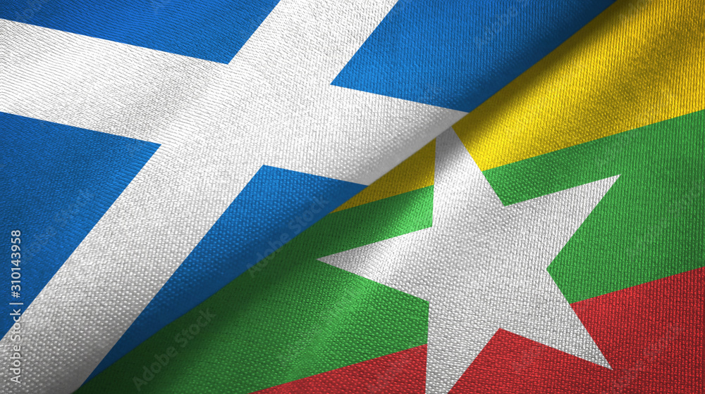 Scotland and Myanmar two flags textile cloth, fabric texture Scotland and Myanmar two flags textile cloth, fabric texture