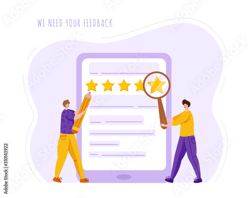 Client feedback concept, people - two men working with customers review and feedback, online service evaluation. flat modern tiny people and huge computer monitor, rank and rating stars, Vector