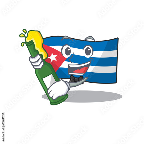 Flag cuba Scroll with bottle of beer mascot cartoon style